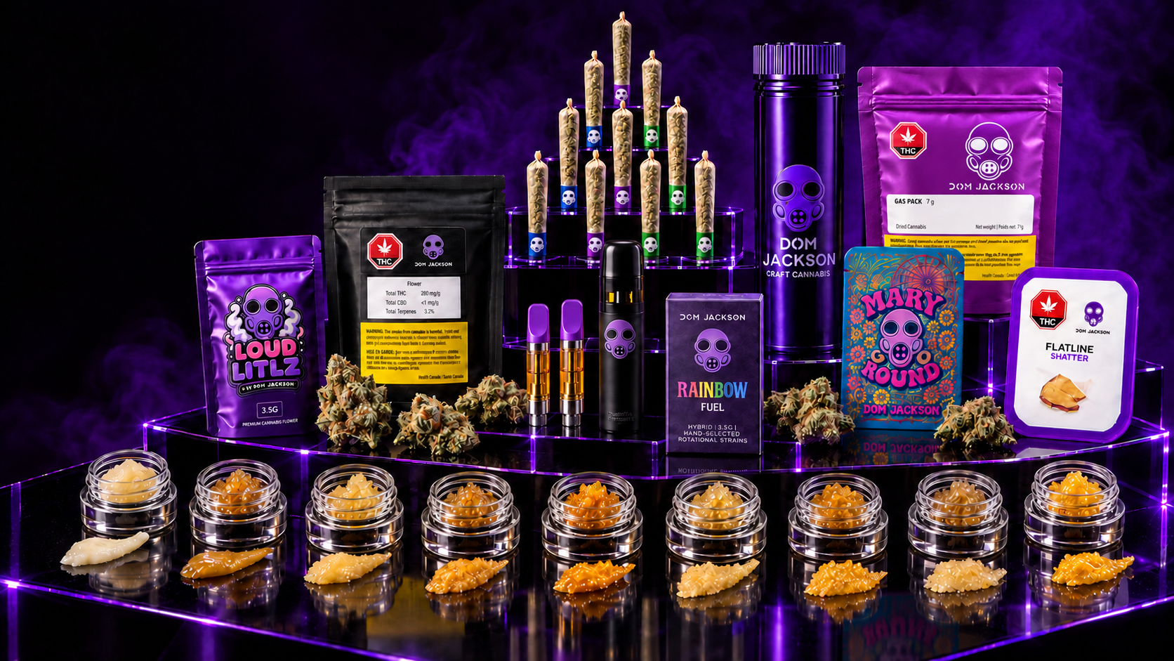 Dom Jackson product family on a purple LED display, with nine concentrate jars and smears, ten pre-rolls, purple-tipped 510 cartridges, a vape, flower packaging and nugs