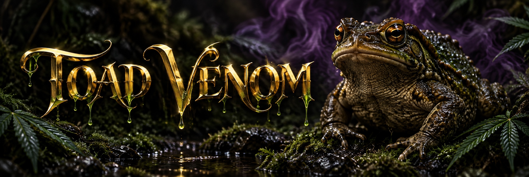 Toad Venom in glossy gold calligraphy beside a realistic toad in a dark mossy forest